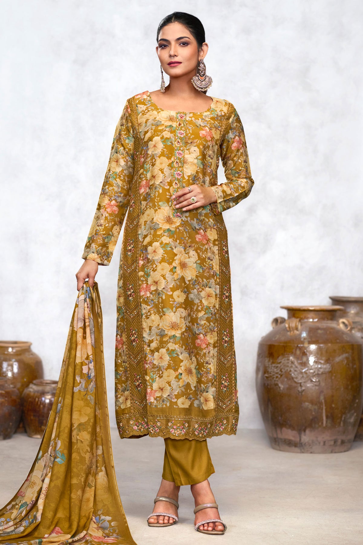Pure Viscose Muslin Digital Print Long Dress In Mustard Color