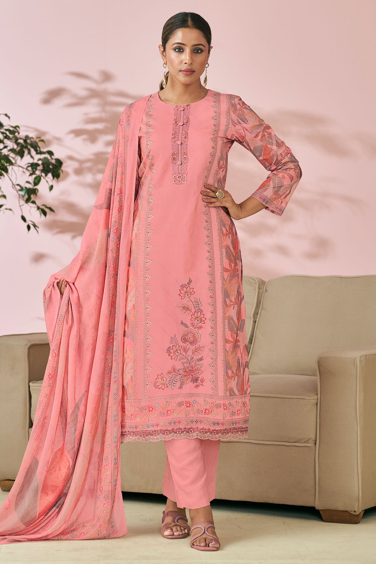 Pink Pure Lawn Cotton Digital Print With Embroidered Salwar Kameez