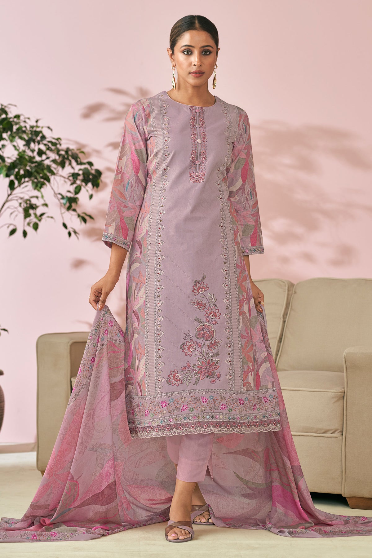 Lavender Pure Lawn Cotton Digital Print With Embroidered Salwar Suit