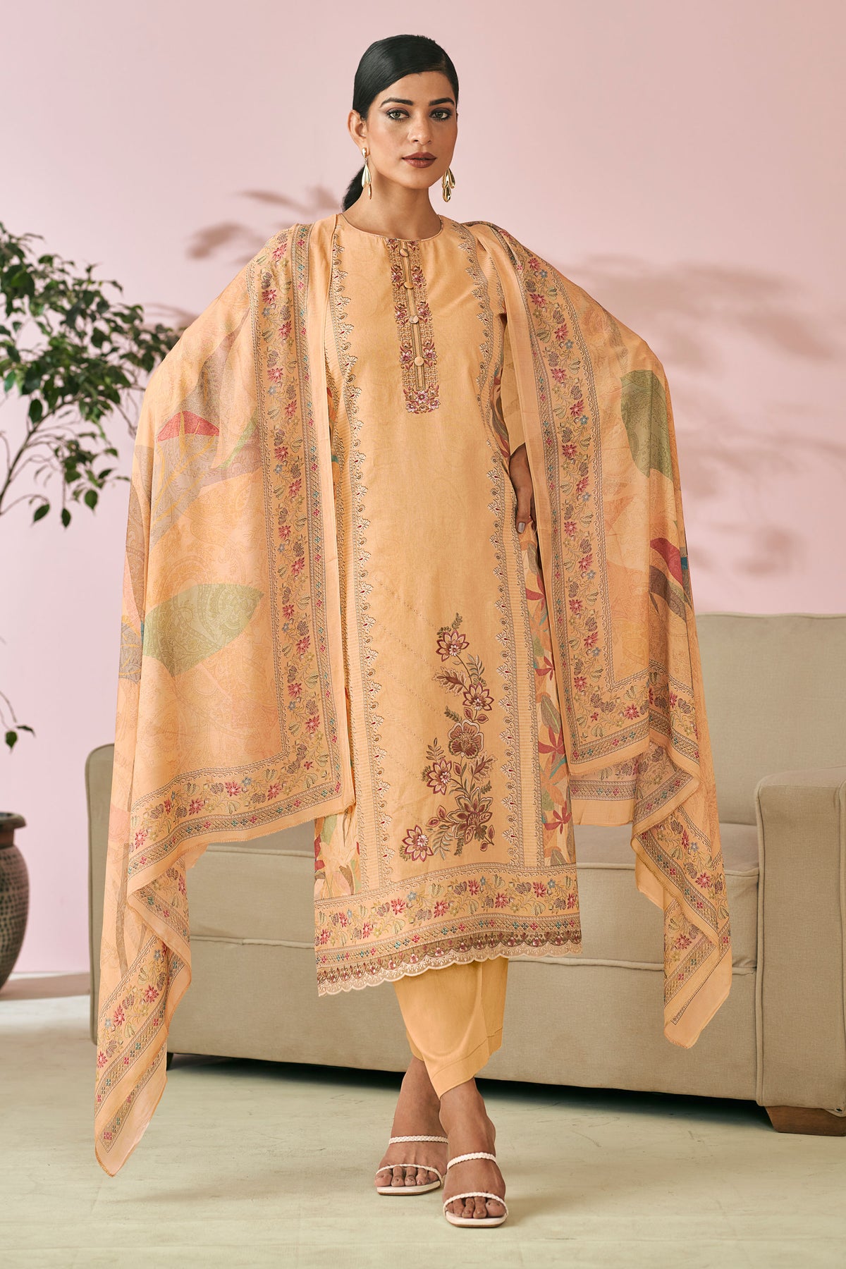 Peach Pure Lawn Cotton Digital Print With Embroidered Suit