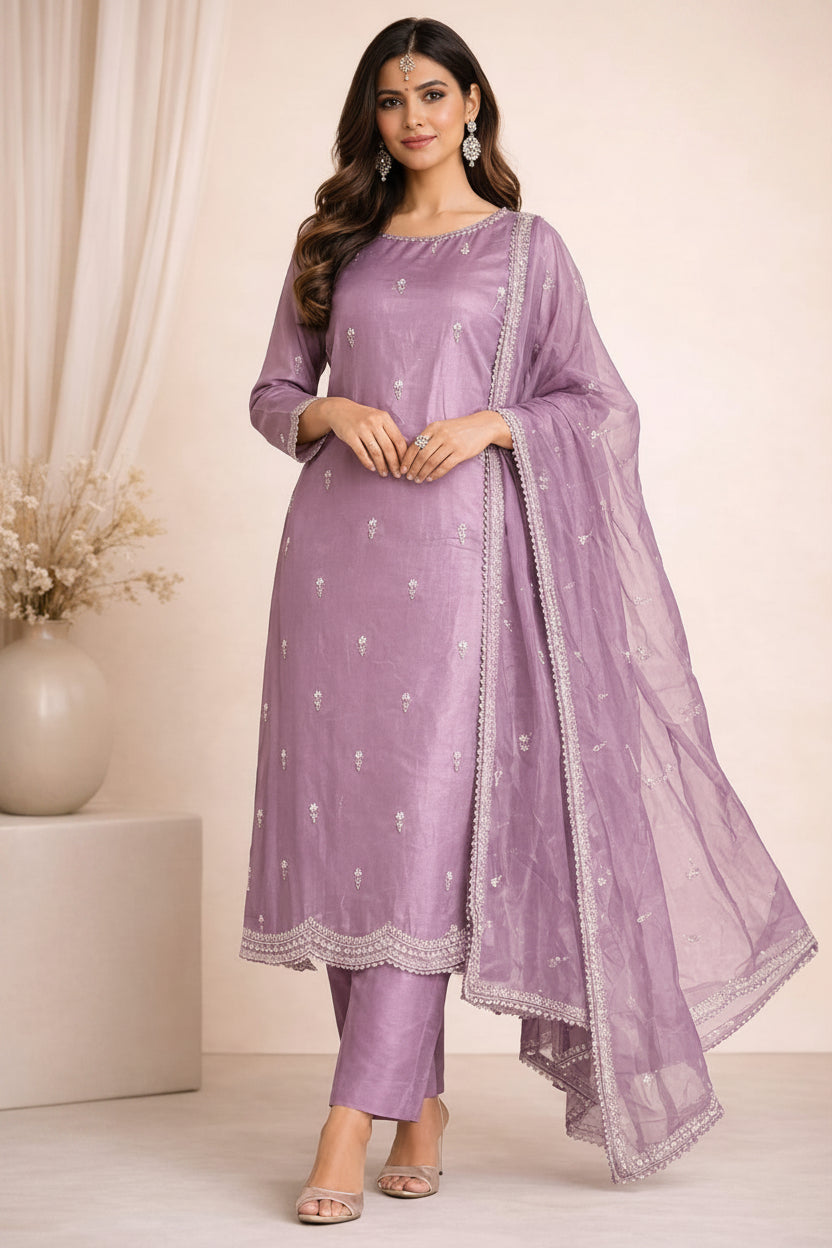 Lavender Jimmy Choo Satin Salwar Kameez Set With Beads Work Dupatta