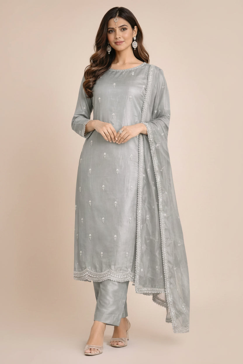 Simar Rukhsanah Silver Grey Jimmy Choo Satin Salwar Kameez Set With Beads Work Dupatta
