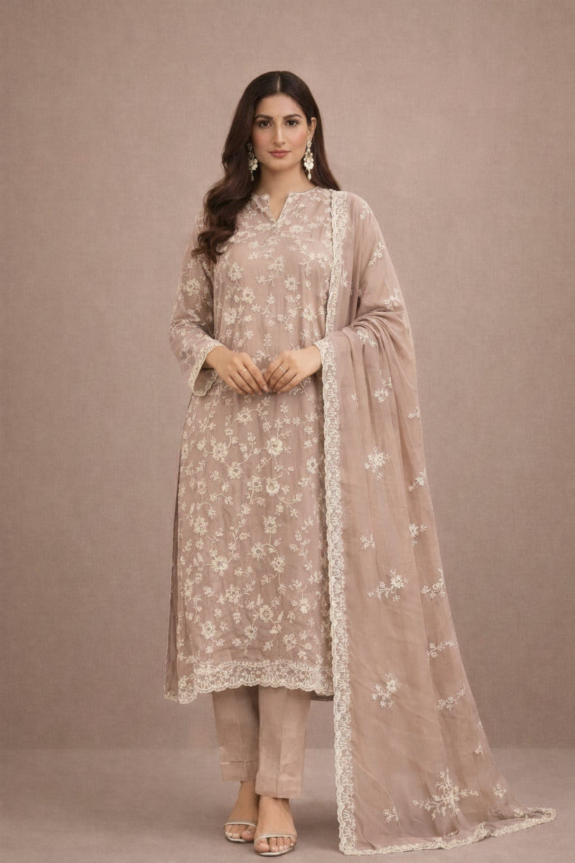 Simar Jimmy Choo Blush Pink Satin Salwar Kameez Set With Floral Embroidery & Beads Work Dupatta