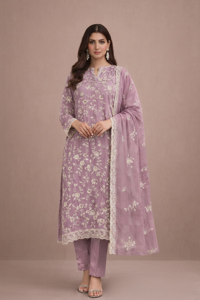 Lavender Satin Salwar Kameez Set With Beads Work Dupatta
