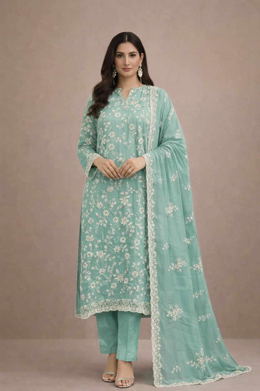 Simar Jimmy Choo Mint Green Satin Salwar Kameez Set With Floral Embroidery & Beads Work Dupatta