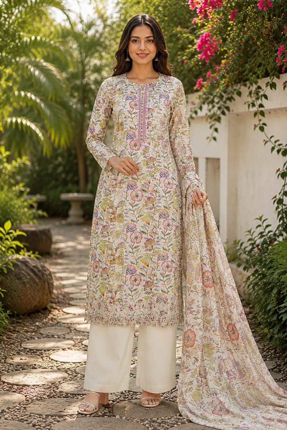 Simar Floral Ivory Digital Printed Pure Viscose Muslin Salwar Kameez Set with Embroidery Work and Muslin Dupatta